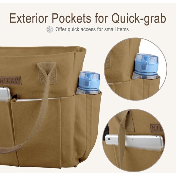 Women's Brown Tote Bags Large Utility Bags with Pockets Zip for Teacher Work - Picture 4 of 6